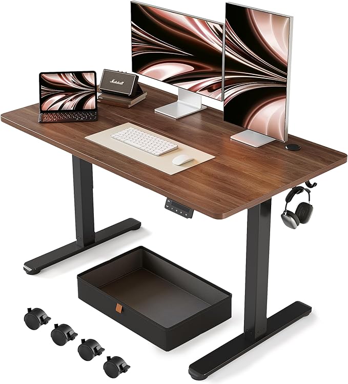 FEZIBO Standing Desk with Drawer, 48 x 24 Inches Adjustable Height Electric Stand up Desk with Storage, Sit Stand Home Office Desk, Black Walnut - LeafyLoom