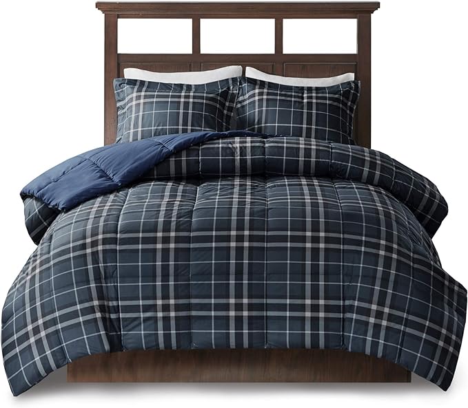 Woolrich Comforter Set, Cabin Lodge, Warm Cover for Colder Season, Modern Cottage-Inspired Down Alternative Ultra Soft Microfiber Bedding, Matching Sham, Plaid Navy Twin 2 Piece - LeafyLoom