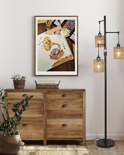 Bohemian Farmhouse Floor Lamp, Black, 65-Inch, Dimmable, 3 E26 UL Sockets, Natural Rattan Shade, Reinforced Metal Base, 24 Months Warranty - LeafyLoom