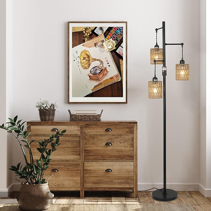 Bohemian Farmhouse Floor Lamp, Black, 65-Inch, Dimmable, 3 E26 UL Sockets, Natural Rattan Shade, Reinforced Metal Base, 24 Months Warranty - LeafyLoom
