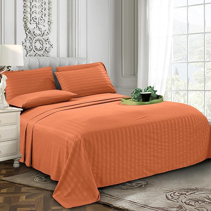 Elegant Comfort Softest and Coziest 6-Piece Sheet Set - 1500 Premium Hotel Quality Microfiber - Deep Pocket, Wrinkle Resistant 6-Piece Damask Stripe Bed Sheet Set, Full, Coral - LeafyLoom