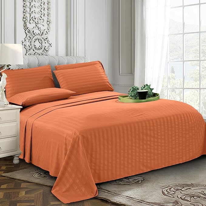 Elegant Comfort Softest and Coziest 6-Piece Sheet Set - 1500 Premium Hotel Quality Microfiber - Deep Pocket, Wrinkle Resistant 6-Piece Damask Stripe Bed Sheet Set, King, Coral - LeafyLoom