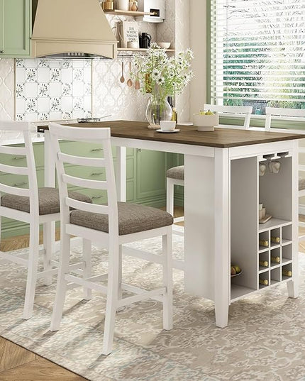 5 Piece Multi-Functional Rubber Wood Counter Height Dining Table Set with Padded Chairs and Integrated 9 Bar Compartment, Wine Glass Holders for Kitchen, Living Room, Brown+White-1 - LeafyLoom