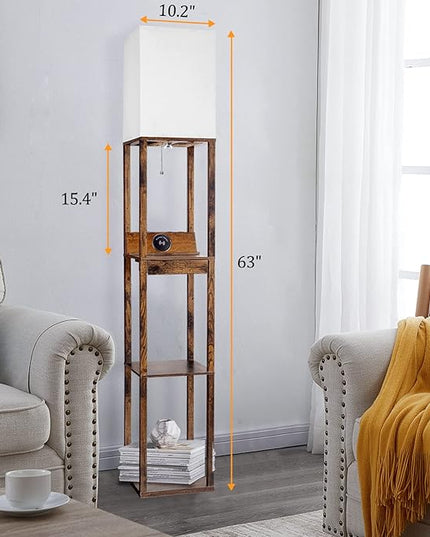 【Upgraded】Floor Lamp with Shelves,Shelf Floor Lamps for Living Room with Wireless Charger, Floor Lamps for Bedroom with USB A+C Charging Ports and 2 AC Outlet, Brown Wood Lamp for Living Room, Bedroom - LeafyLoom