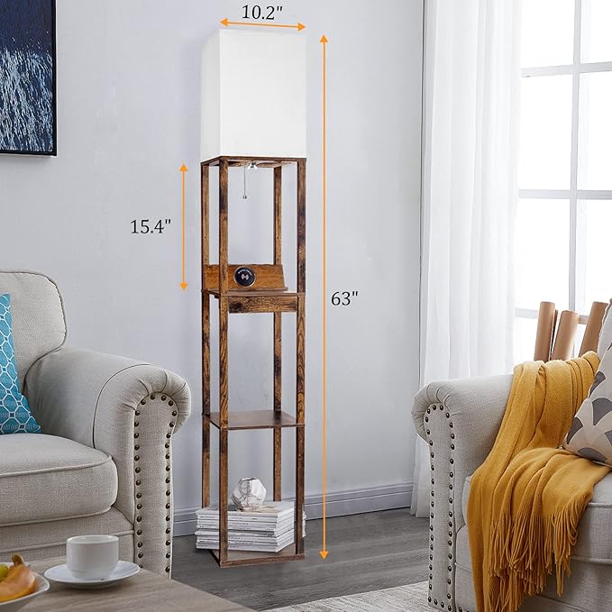 【Upgraded】Floor Lamp with Shelves,Shelf Floor Lamps for Living Room with Wireless Charger, Floor Lamps for Bedroom with USB A+C Charging Ports and 2 AC Outlet, Brown Wood Lamp for Living Room, Bedroom - LeafyLoom