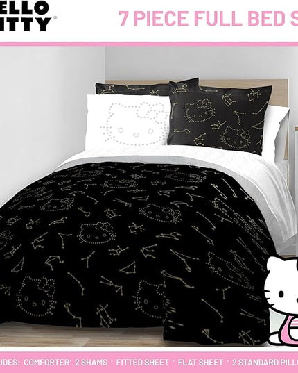 Jay Franco Hello Kitty Stars Full Comforter Set - 7 Piece Bedding includes Sheet Set & Pillow Covers - Super Soft Zodiac Black & Gold Bedding - LeafyLoom