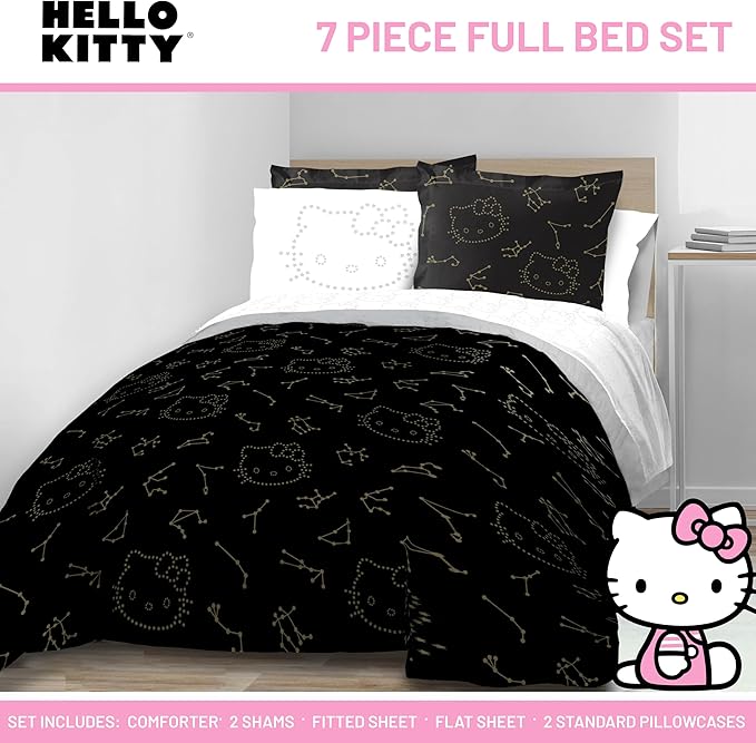 Jay Franco Hello Kitty Stars Full Comforter Set - 7 Piece Bedding includes Sheet Set & Pillow Covers - Super Soft Zodiac Black & Gold Bedding - LeafyLoom