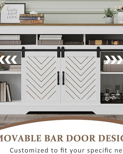 Farmhouse Stand for TVs up to 65+ Inch Tall Entertainment Center with Sliding Barn Door, Console Storage Cabinet for Bedroom, Living Room, Wood Grain White - LeafyLoom