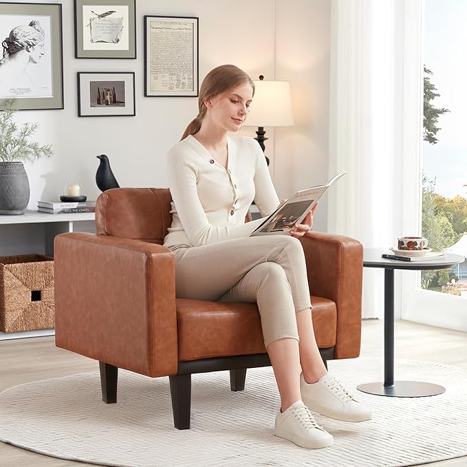 Mid-Century Leather Accent Chair set of 2 with Wood Base & Legs,Oversized Upholstered Single Sofa Chair, Comfy Living Room Armchairs for Apartment Bedroom Office Study, Cognac/Brown - LeafyLoom