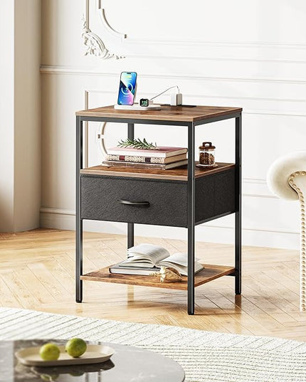 SUPERJARE Night Stand with Charger Station, 27.7 Inch Tall Nightstand with Adjustable Fabric Drawer, Bed Side Table, Fabric Drawer Dresser for Bedroom, Living Room, Rustic Brown and Black - LeafyLoom
