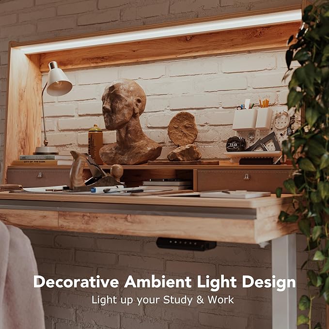 FEZIBO 55 x 27.5 Inches Electric Standing Desk with Open Shelf&LED Strip, Adjustable Height Sit Stand Up Desks with 4 Drawers, Ergonomic Workstation，Light Rustic - LeafyLoom