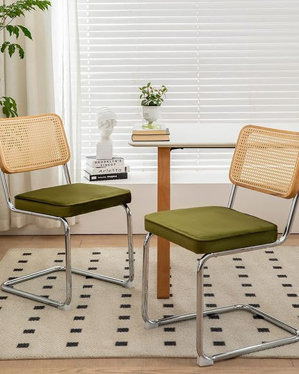 Dining Chairs Set of 2, Velvet Rattan Side Accent Chairs with Chrome Legs, Modern Mid Century Breuer Designed Chairs, Upholstered Dining Living Room Kitchen Chairs (Olive Green-2pcs) - LeafyLoom