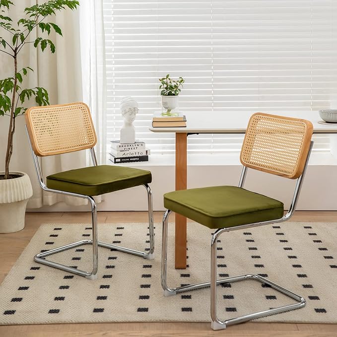 Dining Chairs Set of 2, Velvet Rattan Side Accent Chairs with Chrome Legs, Modern Mid Century Breuer Designed Chairs, Upholstered Dining Living Room Kitchen Chairs (Olive Green-2pcs) - LeafyLoom