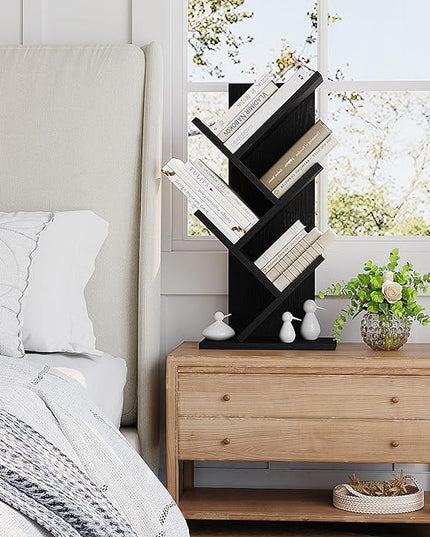 YMYNY 4 Tier Tree Bookshelf, Small Bookcase, Modern Wood Book Storage Rack, Freestanding Book shelf for Books/Movies/CDs, Narrow Display Rack for Living Room, Home Office, Black UHBC014B - LeafyLoom