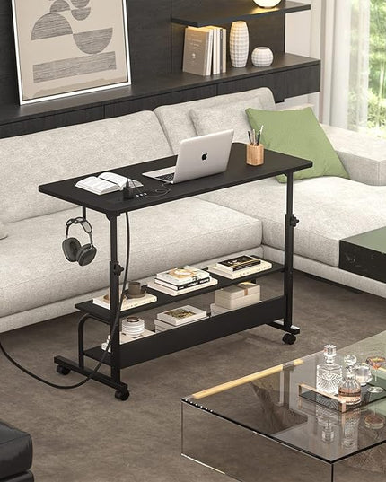 Height Adjustable Standing Desk with Power Outlets, 32" Manual Stand Up Desk with Storage Shelves Small Mobile Rolling Computer Desk Portable Laptop Table with Wheels for Home Office, Black - LeafyLoom