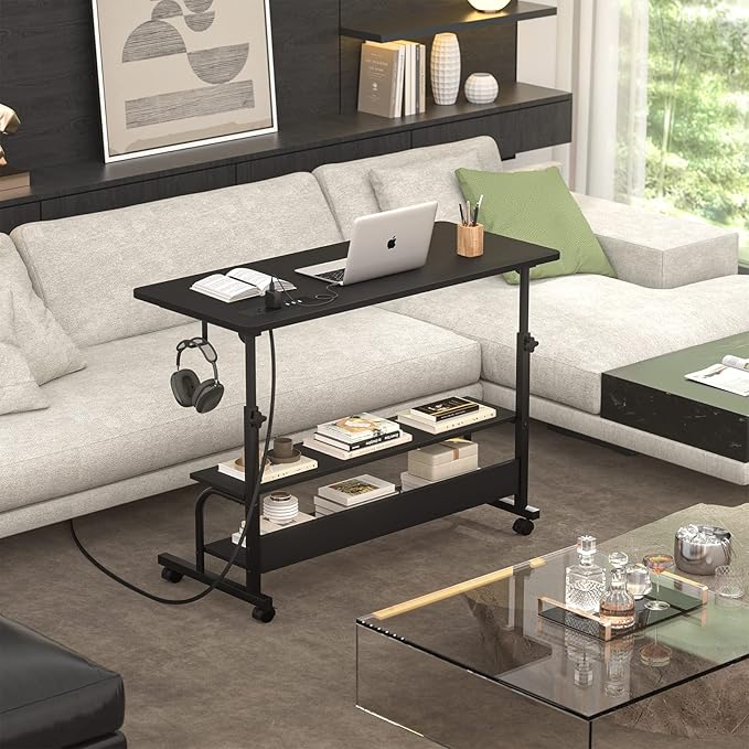 Height Adjustable Standing Desk with Power Outlets, 32" Manual Stand Up Desk with Storage Shelves Small Mobile Rolling Computer Desk Portable Laptop Table with Wheels for Home Office, Black - LeafyLoom