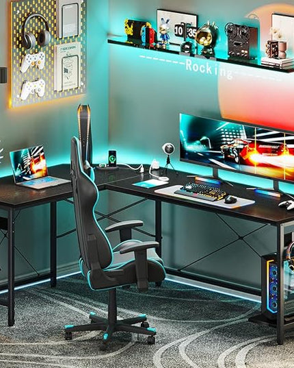 Coleshome 66" L Shaped Gaming Desk with Outlet, L Shaped Desk with CPU Stand, Corner Computer Desk, Home Office Desk, Writing Desk, Black - LeafyLoom