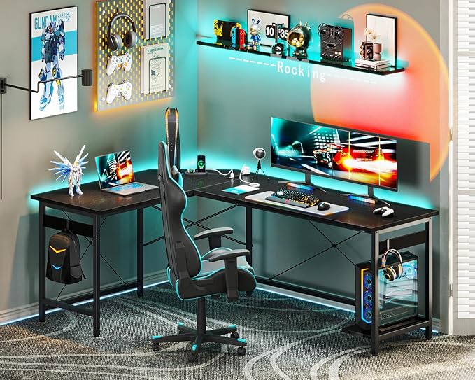 Coleshome 66" L Shaped Gaming Desk with Outlet, L Shaped Desk with CPU Stand, Corner Computer Desk, Home Office Desk, Writing Desk, Black - LeafyLoom