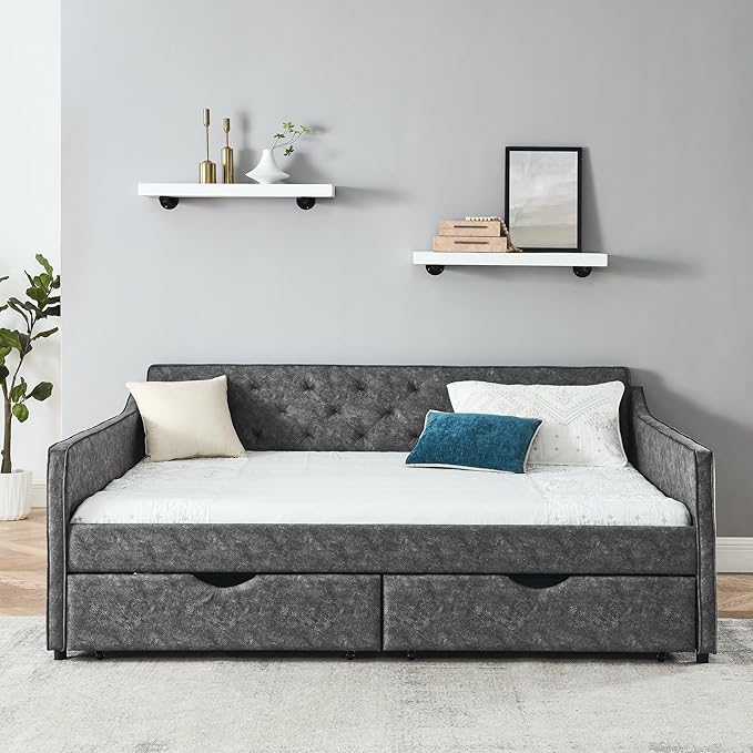 Queen Size Upholstered Daybed with Two Storage Drawers, Tufted Sofa Bed w/Waved Shape Arms, for Bedroom Living Room, No Box Spring Needed & Space-Saving Design, Grey - LeafyLoom