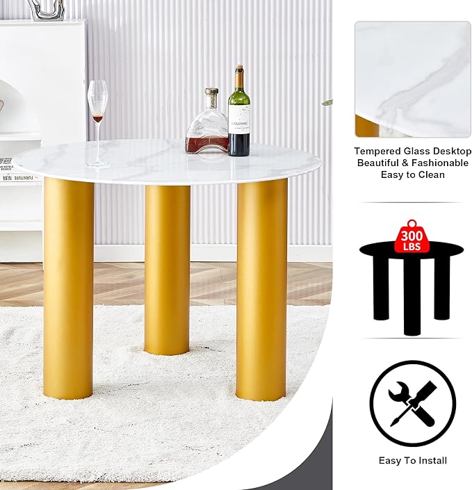 NicBex 40Inch Round Dining Table,Minimalist Kitchen Table with Artificial Marble Glass Stickers and Golden MDF Legs for 2 to 4,Leisure Coffee Table for Kitchen,Small Space and Living Room,Golden - LeafyLoom