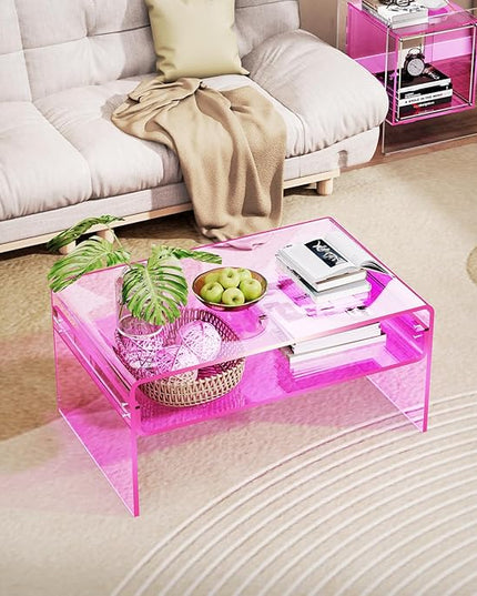 Acrylic Coffee Table for Living Room Clear Rectangle Lucite Table with Open Storage Shelf (1, Pink, Large) - LeafyLoom