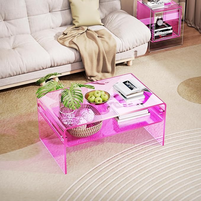Acrylic Coffee Table for Living Room Clear Rectangle Lucite Table with Open Storage Shelf (1, Pink, Large) - LeafyLoom