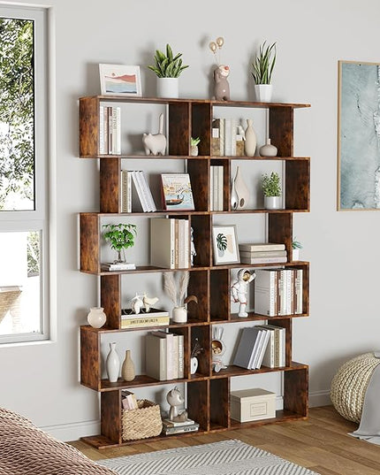 Yusong Geometric Bookcase, Bookshelf 6-Tier S Shaped Book Shelves for Bedroom, Modern Wood Decorative Display Shelf Tall Book Case for Home Office, Rustic Brown - LeafyLoom