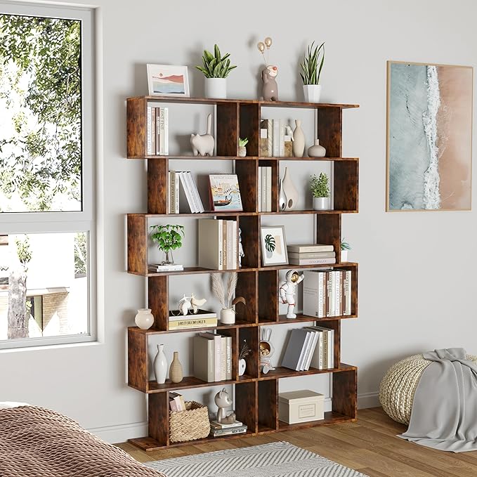 Yusong Geometric Bookcase, Bookshelf 6-Tier S Shaped Book Shelves for Bedroom, Modern Wood Decorative Display Shelf Tall Book Case for Home Office, Rustic Brown - LeafyLoom