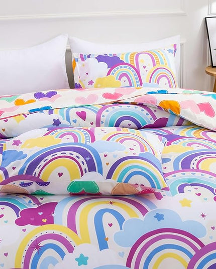 Btargot Lightweight Soft 3 Piece Rainbow Comforter Set with 2 Pillow Covers, Cartoon Love Hearts Flowers and Sun Star Bedding Set for Girls Boys Kids,Twin Light Purple - LeafyLoom