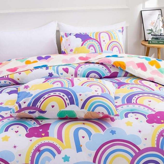 Btargot Lightweight Soft 3 Piece Rainbow Comforter Set with 2 Pillow Covers, Cartoon Love Hearts Flowers and Sun Star Bedding Set for Girls Boys Kids,Twin Light Purple - LeafyLoom