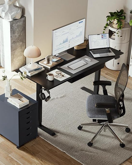 Adjustable Height Electric Standing Desk with Storage Wooden Drawer, 63 x 24 Inches Stand Up Home Office Computer Gaming Table with Splice Board for Work Office Home, Black - LeafyLoom