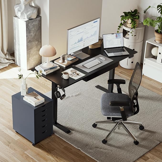 Adjustable Height Electric Standing Desk with Storage Wooden Drawer, 63 x 24 Inches Stand Up Home Office Computer Gaming Table with Splice Board for Work Office Home, Black - LeafyLoom