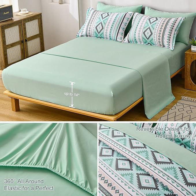 Dinjoy Boho King Size Bed in A Bag 7 Pieces,Sage Green Comforter Set Aztec Striped Bedding Set Bohemian Patchwork Complete Set Geometric Pattern Comforters for Women Men 90"×104" - LeafyLoom