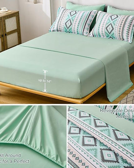Dinjoy Sage Green Boho Comforter Set Queen Size,7 Pieces Bed in a Bag Queen Light Green Aztec Bedding Sets with Sheets Bohemian Geometric Striped Complete Set for All Seasons 90"x90" - LeafyLoom