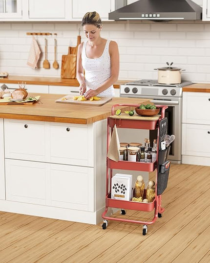 DTK 3 Tier Metal Utility Rolling Cart with Table Top and Side Bags, Tray Storage Organizer Wheels, Art Craft 4 Hooks for Kitchen Bathroom Office Living Room(Red) - LeafyLoom