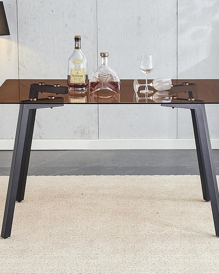 NicBex Modern Minimalist Style Rectangular Tea Brown Glass Dining Table Tempered Glass Tabletop and Black Metal Legs Suitable for Kitchen, Dining Room and Living Room, Dark Brown - LeafyLoom