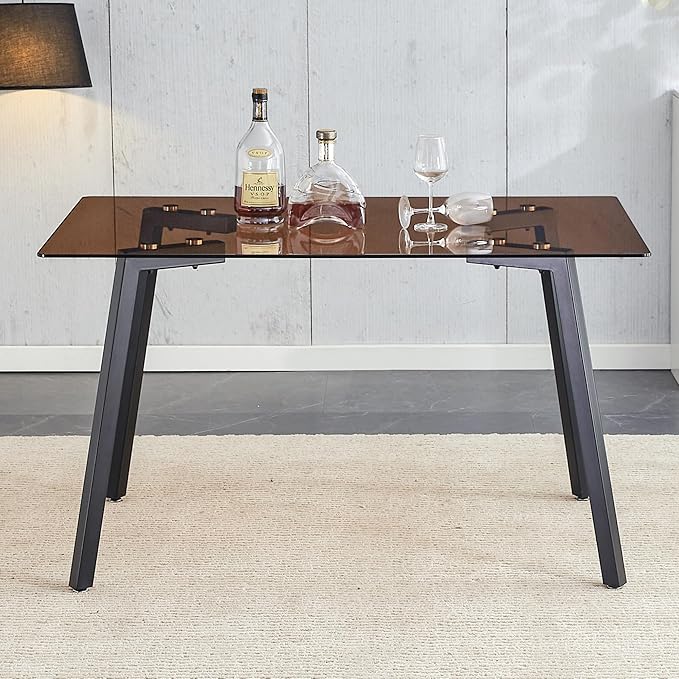 NicBex Modern Minimalist Style Rectangular Tea Brown Glass Dining Table Tempered Glass Tabletop and Black Metal Legs Suitable for Kitchen, Dining Room and Living Room, Dark Brown - LeafyLoom