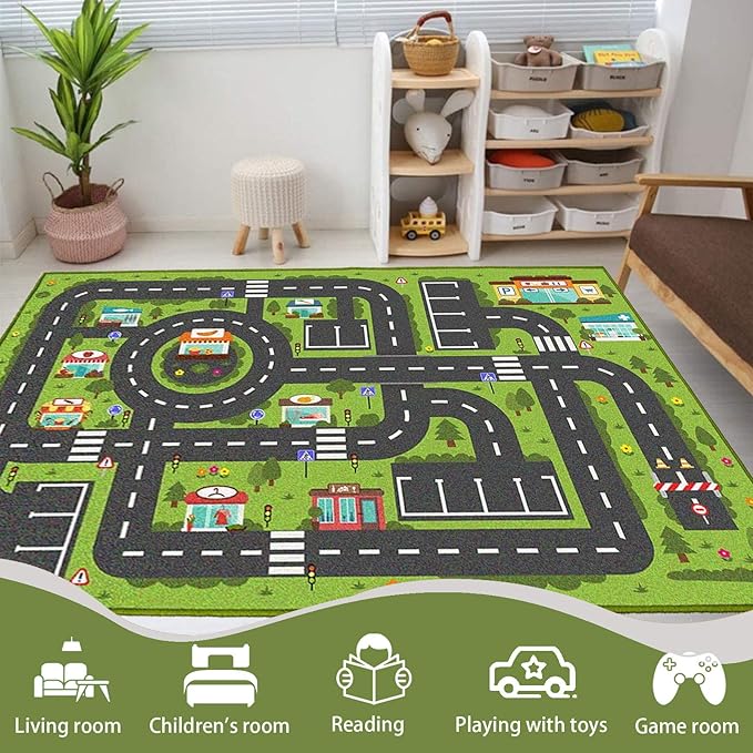 Car Rug Play Mat, Road Rug Carpet for Kids, City Life Educational Road Traffic Carpet for Ages 3-12 Years Old(100×180cm/39×71inch) - LeafyLoom