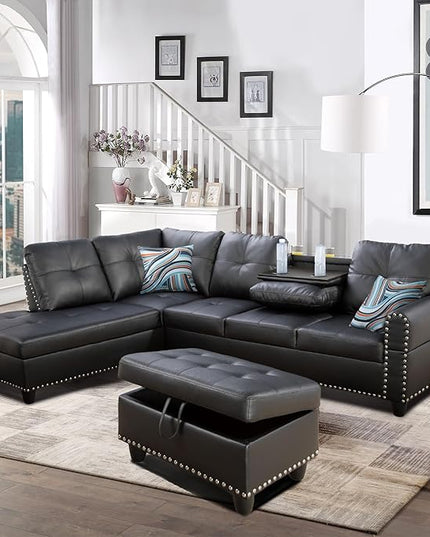 L Shaped Sofa with Ottoman Modern Nail-Head Design PU Sectional Couches with Chaise, Cup Holder for Living Room, Bedroom, Office, Leather Black - LeafyLoom
