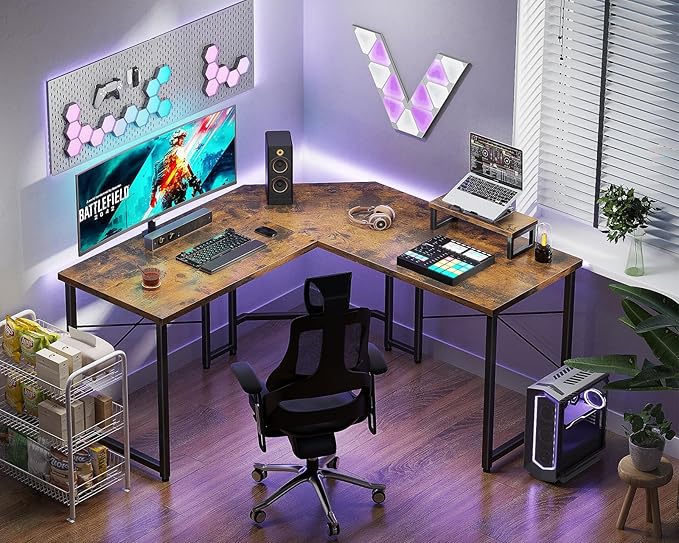 Casaottima L Shaped Gaming Desk with Monitor Stand, Corner Desk Gaming Table for Home Office, Computer Desk Sturdy Writing Workstation for Small Space, 51 inch, Rustic Brown - LeafyLoom