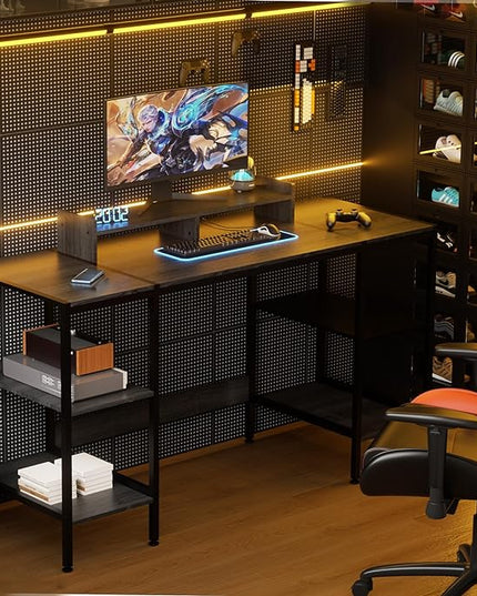 Computer Desk - 55 Inch Home Office Desk with Storage, Gaming Desk with Monitor Stand, Modern Simple Study Table, Adjustable Storage Space, Black… - LeafyLoom