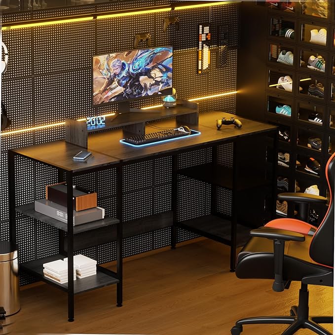 Computer Desk - 55 Inch Home Office Desk with Storage, Gaming Desk with Monitor Stand, Modern Simple Study Table, Adjustable Storage Space, Black… - LeafyLoom