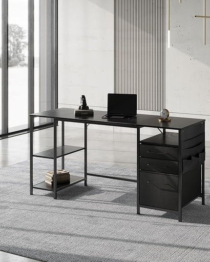 Ｍａｉｈａｉｌ Maihail Home Office Desk with Drawers Adjustable Shelves, 59 inch Writing Desk with File Cabinet, Large Computer Desk with Storage, Vintage, Black - LeafyLoom