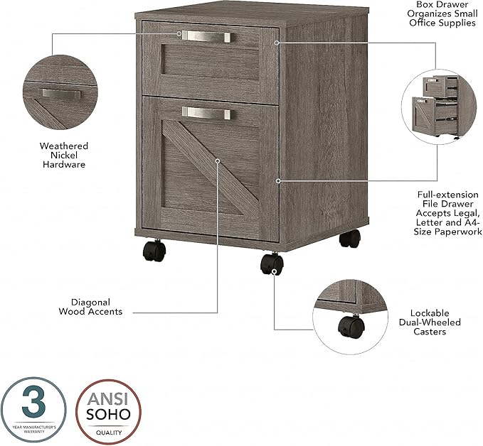 Bush Furniture Knoxville 2 Drawer Mobile File Cabinet, Rolling Document Storage for Home Office, Restored Gray - LeafyLoom
