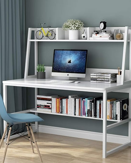 Tribesigns Computer Desk with Hutch, 47 inches Home Office Desk with Space Saving Design with Bookshelf for Small Spaces (All White, 47) - LeafyLoom