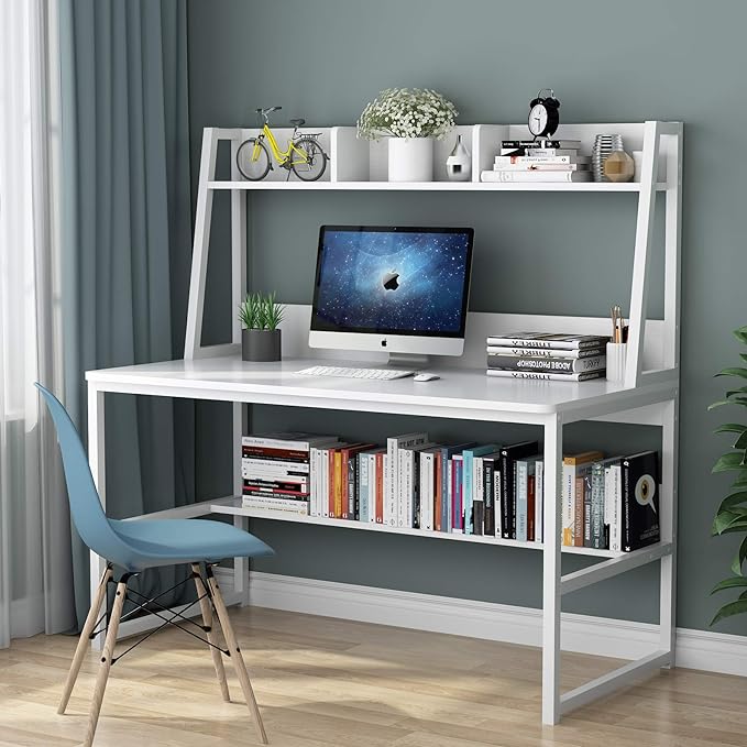 Tribesigns Computer Desk with Hutch, 47 inches Home Office Desk with Space Saving Design with Bookshelf for Small Spaces (All White, 47) - LeafyLoom