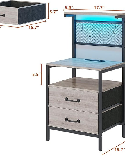 Tall Nightstand with Charging Station and LED Lights, Night Stand with Fabric Drawers, Bedside Table 36.4 Inch with Storage Shelves, Side Table, Mesh Shelves with Metal Hooks, Greige - LeafyLoom