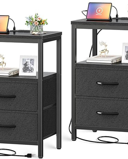 Nightstands Set of 2, End Tables with Charging Station, Side Tables with Fabric Drawers, Bedside Tables with USB Ports and Outlets, Night Stands for Bedroom, Black - LeafyLoom