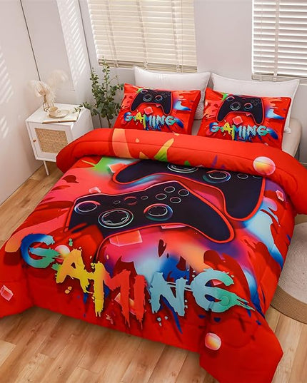 Aimuan Gaming Comforter Sets for Boys Kids Bedding Sets Video Games Console Action Buttons Novelty Colorful Game Gamepad Controller Modern Gamer Room Decor Home Quilt Set (Twin, Red) - LeafyLoom