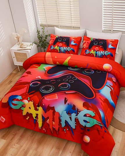 Aimuan Gaming Comforter Sets for Boys Kids Bedding Sets Video Games Console Action Buttons Novelty Colorful Game Gamepad Controller Modern Gamer Room Decor Home Quilt Set (Full, Red) - LeafyLoom